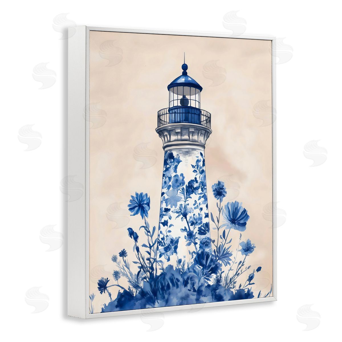 Arlington Prints Blue Floral Lighthouse White Frame Giclee Art Print