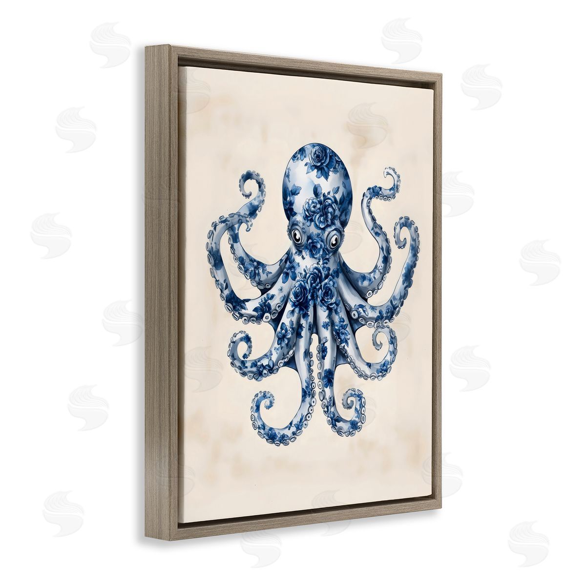 Arlington Prints Blue Floral Octopus Brown Floating Frame Canvas Art Print