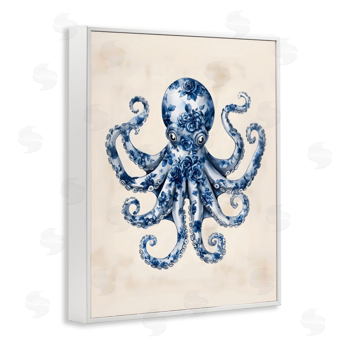 Arlington Prints Blue Floral Octopus White Frame Giclee Art Print