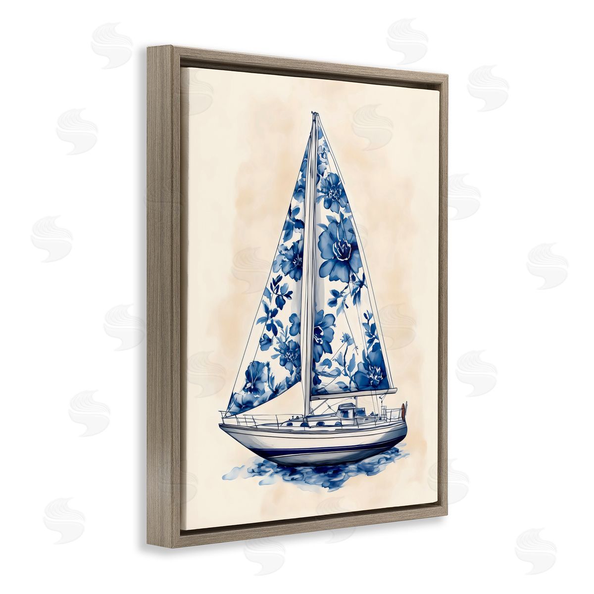 Arlington Prints Blue Floral Sailboat Brown Floating Frame Canvas Art Print