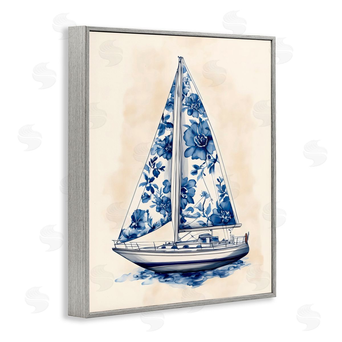Arlington Prints Blue Floral Sailboat Gray Framed Giclee Art Print