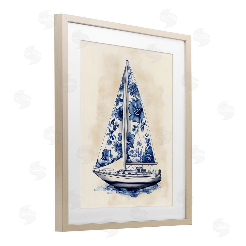 Arlington Prints Blue Floral Sailboat Birch Framed Print Under Glass Art
