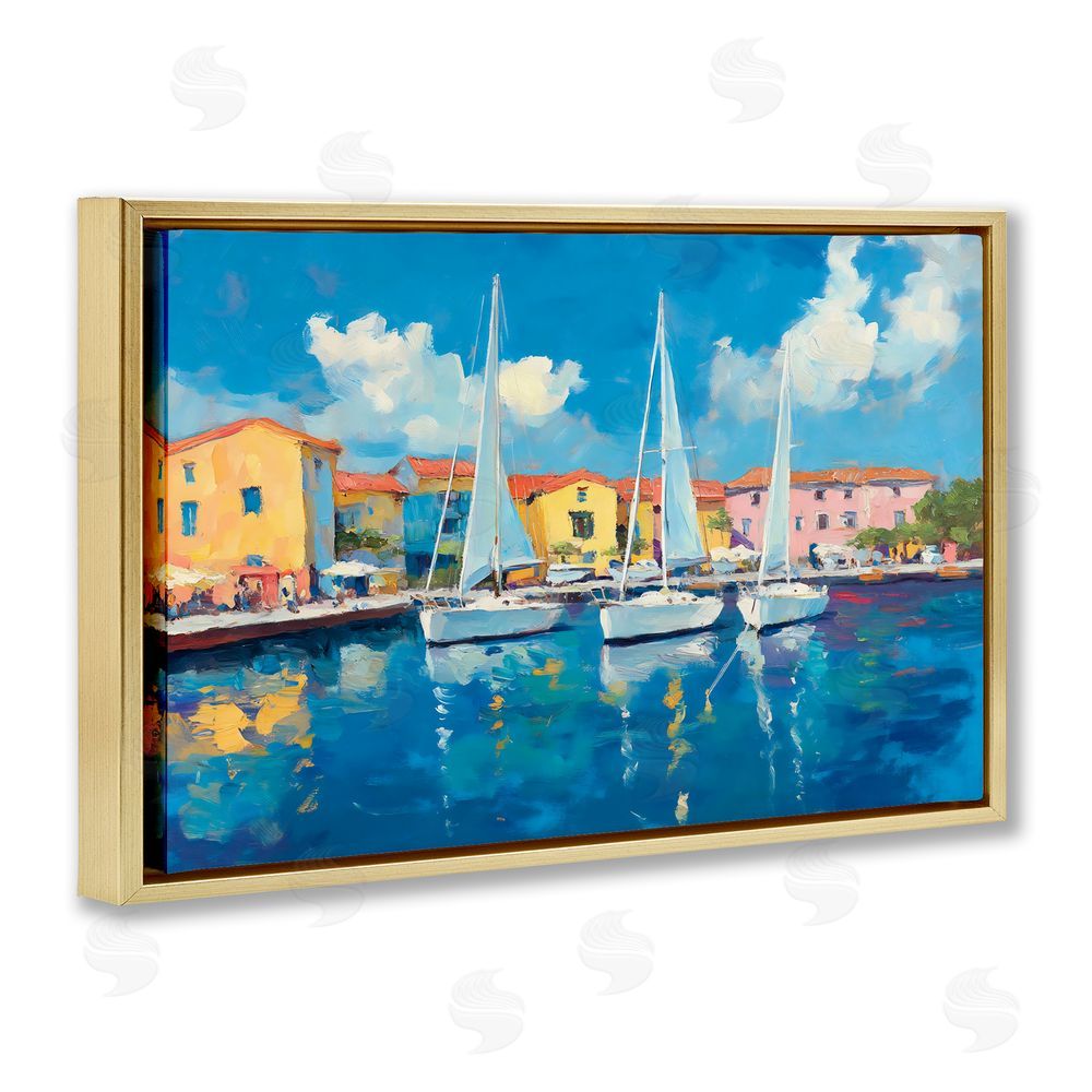 Franklyn Gregory White Boats in Colorful Port Gold Floating Frame Canvas Wall Art Print