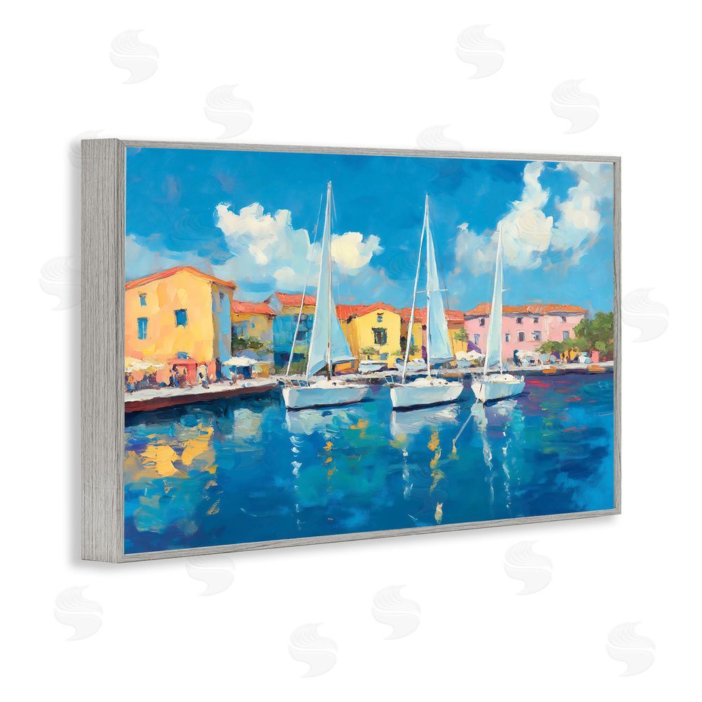 Franklyn Gregory White Boats in Colorful Port Gray Framed Giclee Wall Art Print