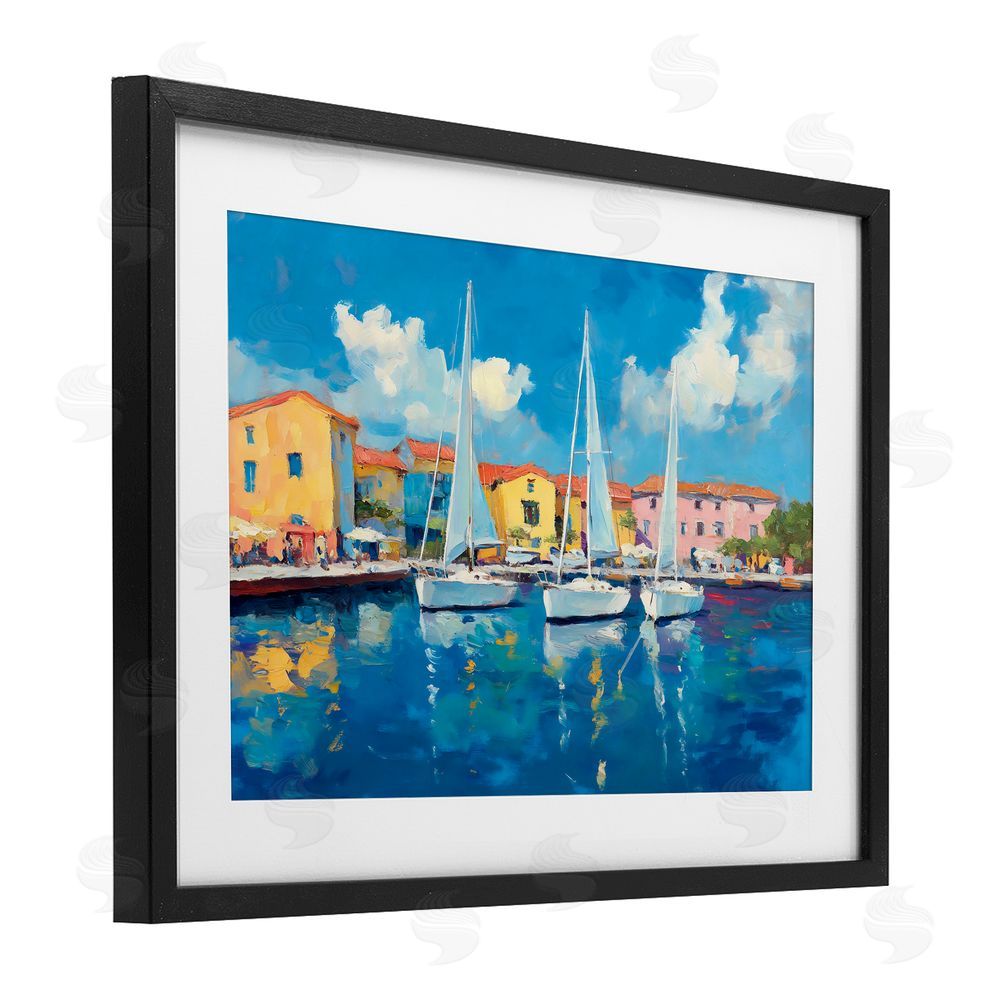 Franklyn Gregory White Boats in Colorful Port Black Framed Print Under Glass with White Mat Wall Art