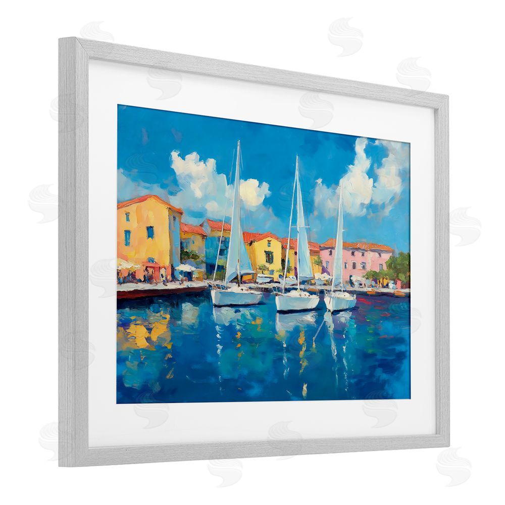Franklyn Gregory White Boats in Colorful Port Gray Framed Print Under Glass with White Mat Wall Art
