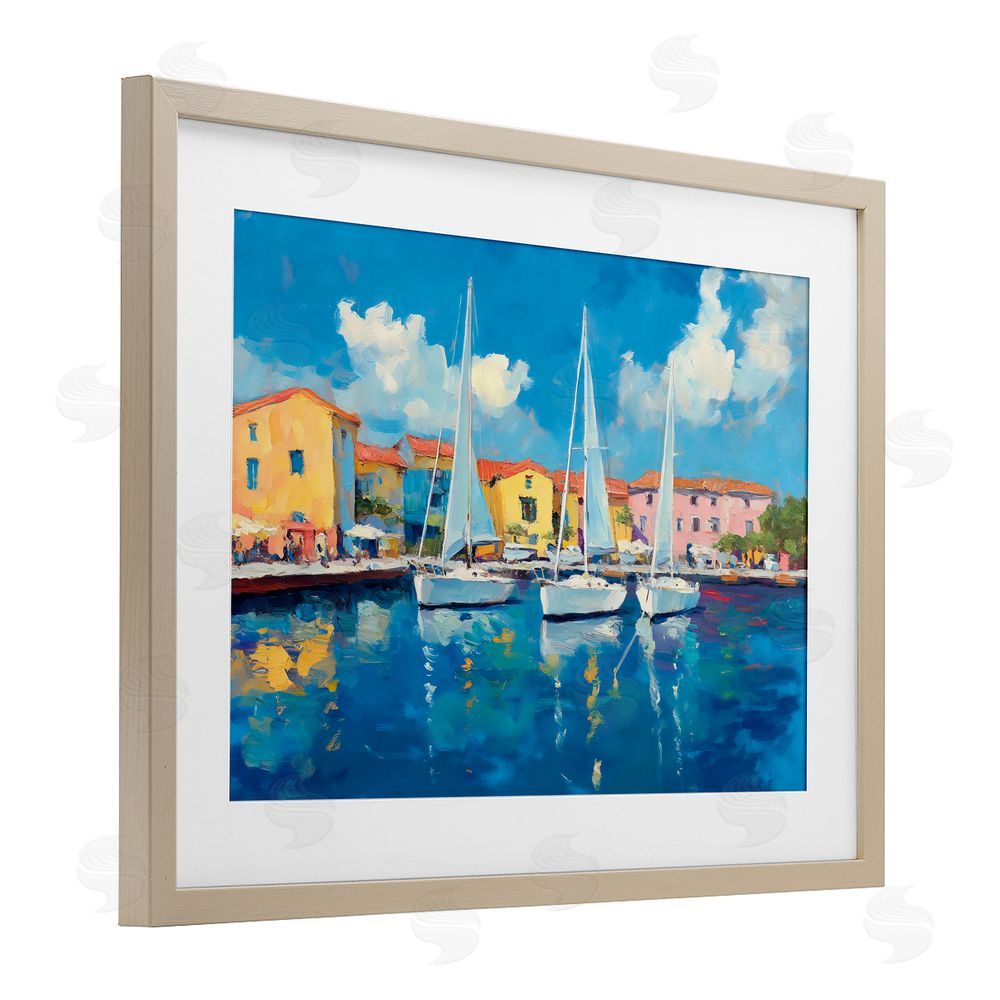 Franklyn Gregory White Boats in Colorful Port Birch Framed Print Under Glass with White Mat Wall Art