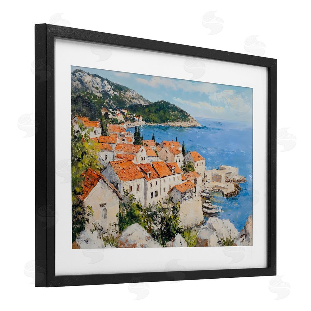 Franklyn Gregory Coastal Town Overview Black Framed Print Under Glass with White Mat Wall Art