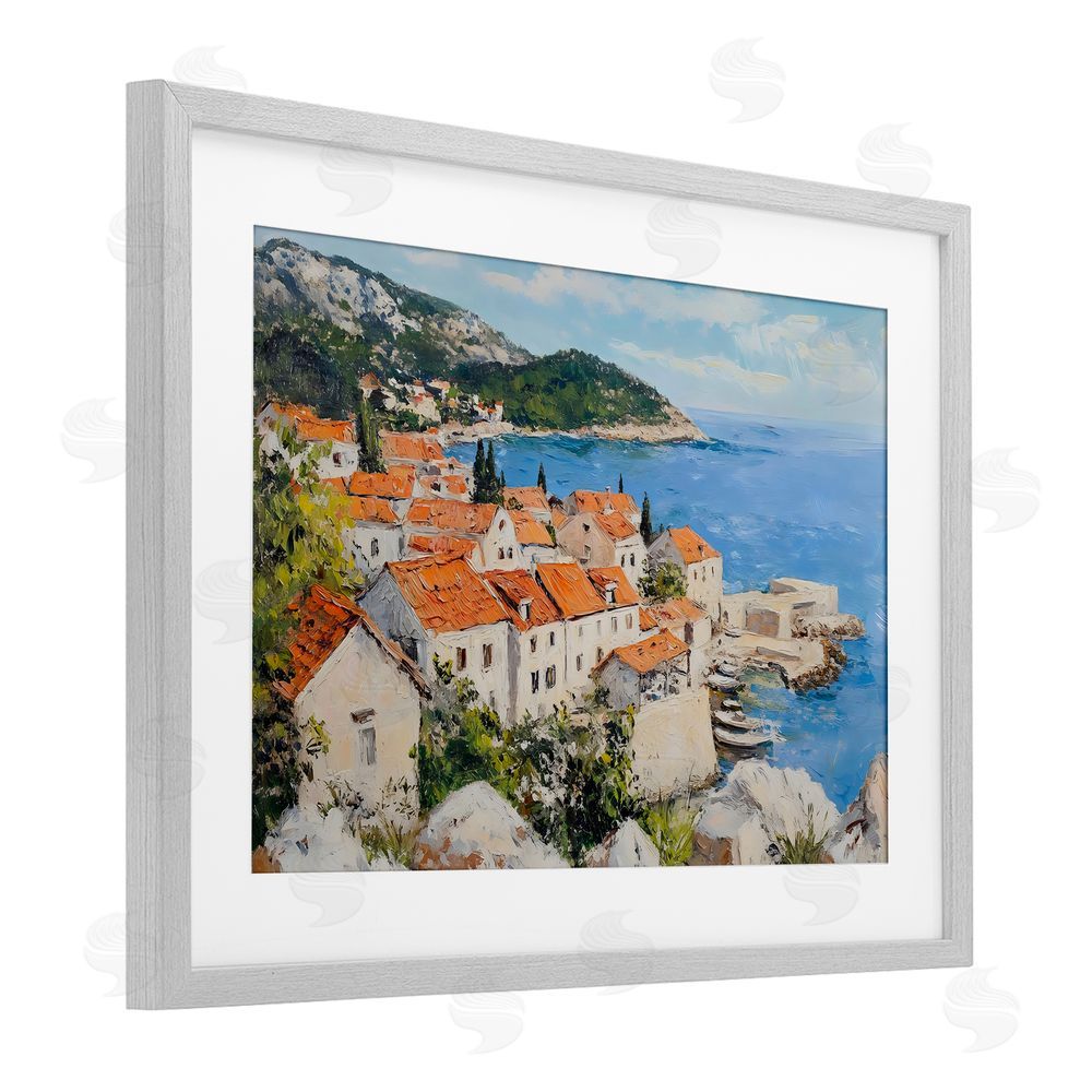 Franklyn Gregory Coastal Town Overview Gray Framed Print Under Glass with White Mat Wall Art