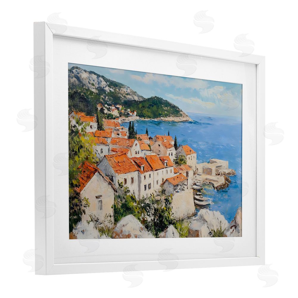 Franklyn Gregory Coastal Town Overview White Framed Print Under Glass with Mat Wall Art