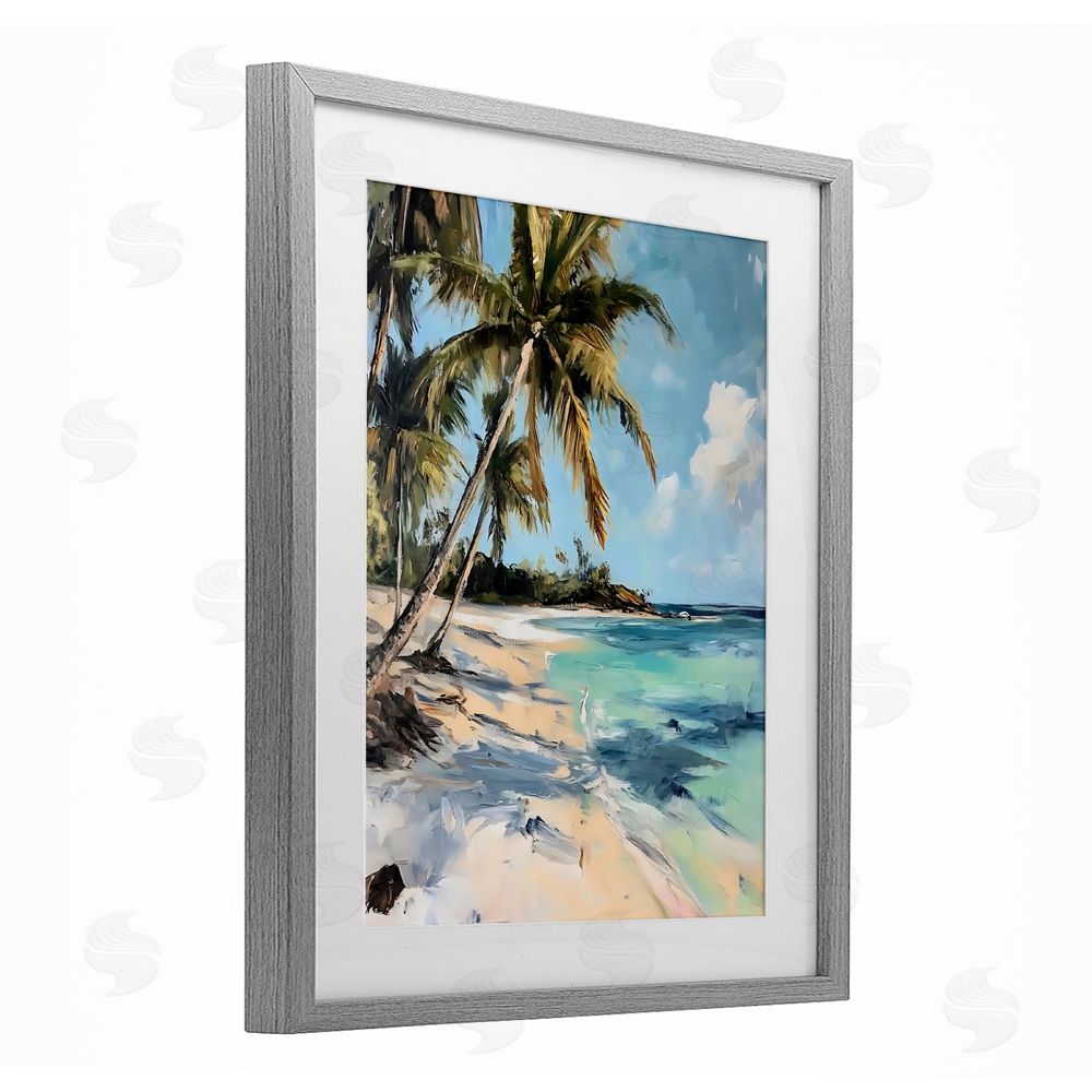 Franklyn Gregory Tranquil Tropical Coastline Gray Framed Print Under Glass with White Mat Wall Art