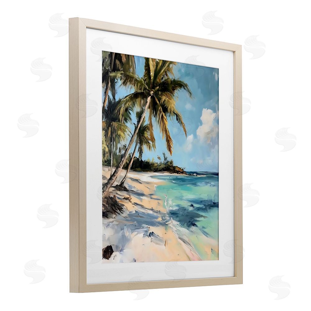 Franklyn Gregory Tranquil Tropical Coastline Birch Framed Print Under Glass with White Mat Wall Art