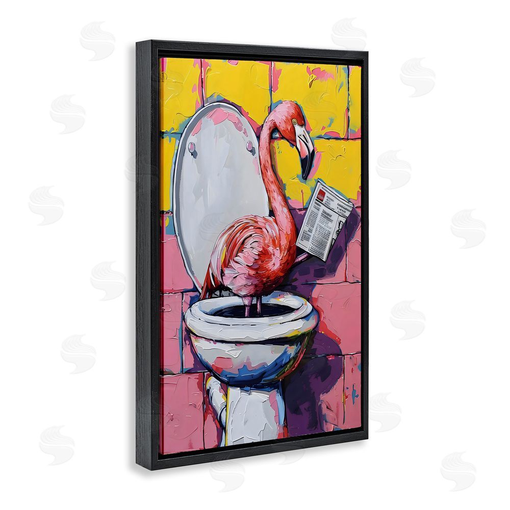 LSR Design Studio Flamingo News on Toilet Black Floating Frame Canvas Wall Art Print