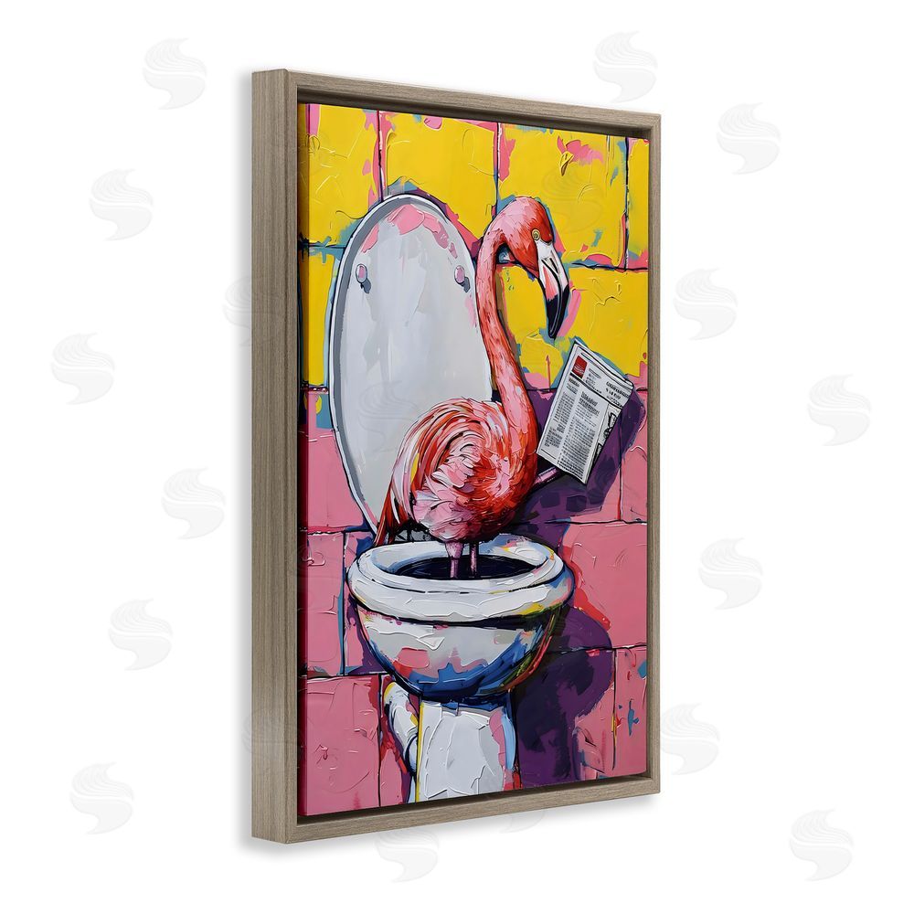LSR Design Studio Flamingo News on Toilet Brown Floating Frame Canvas Wall Art Print