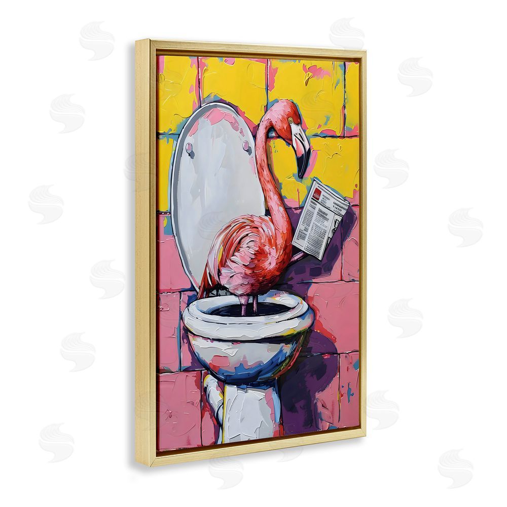 LSR Design Studio Flamingo News on Toilet Gold Floating Frame Canvas Wall Art Print