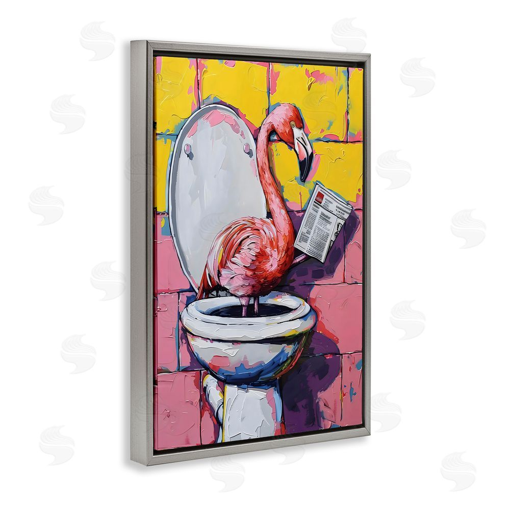 LSR Design Studio Flamingo News on Toilet Gray Floating Frame Canvas Wall Art Print