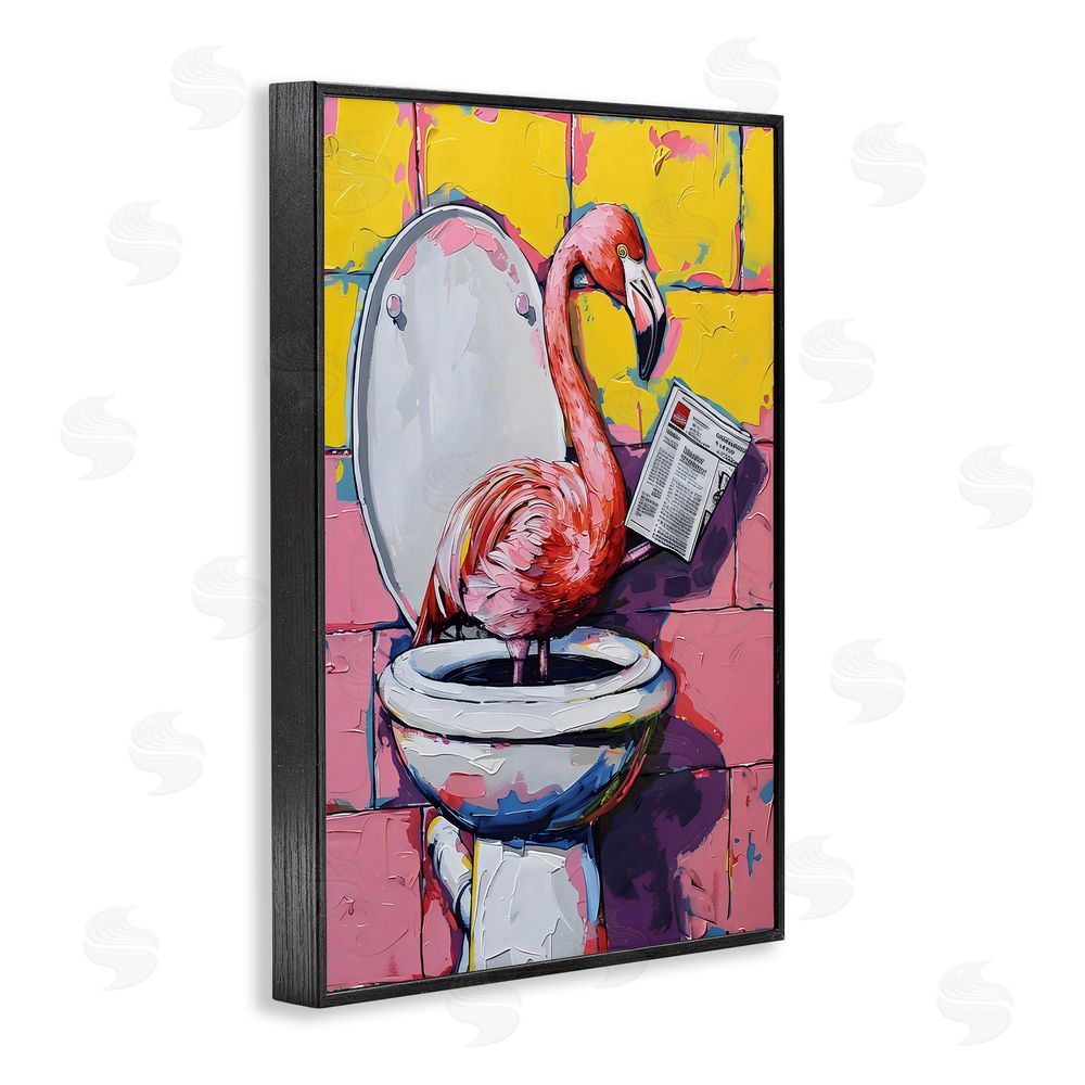 LSR Design Studio Flamingo News on Toilet Black Framed Giclee Wall Art Print