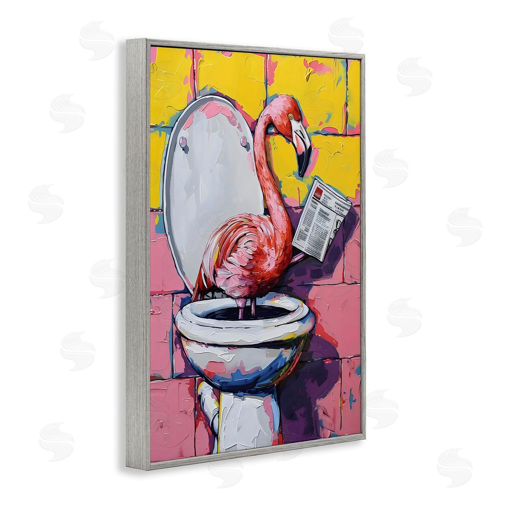 LSR Design Studio Flamingo News on Toilet Gray Framed Giclee Wall Art Print