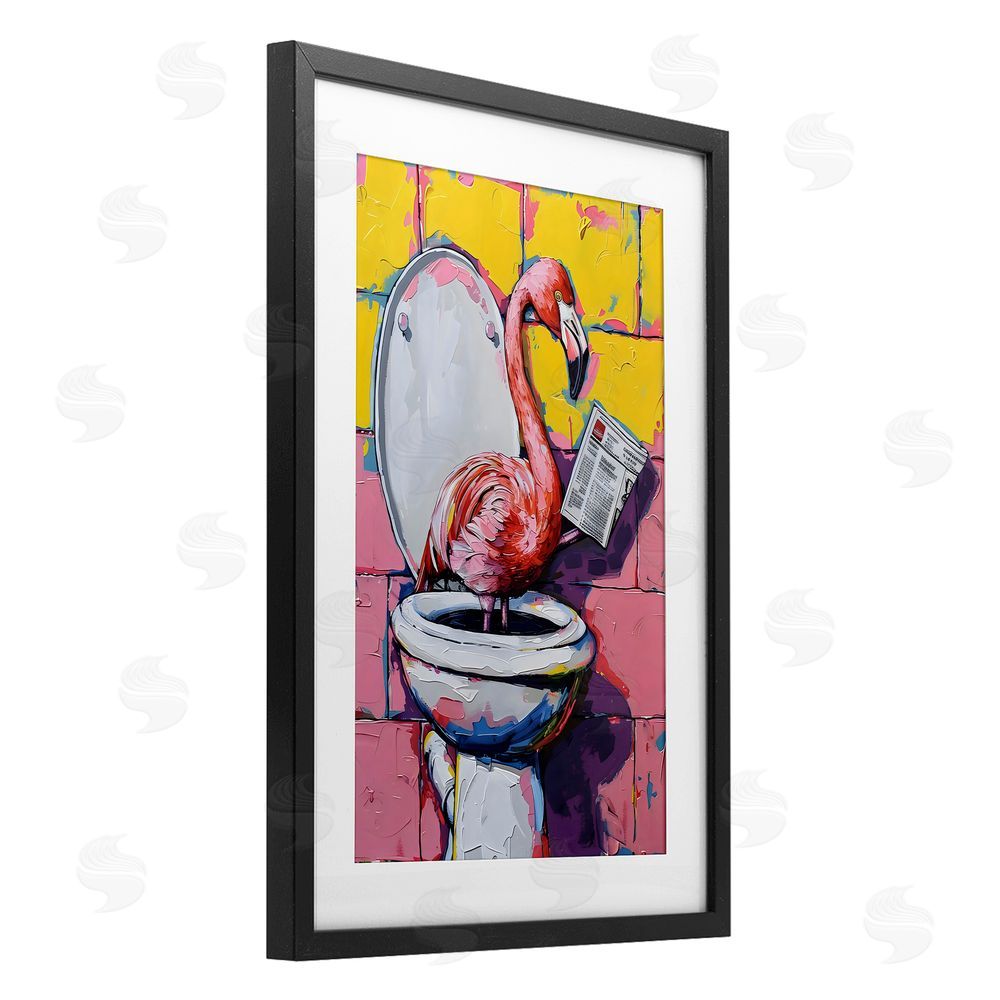 LSR Design Studio Flamingo News on Toilet Black Framed Print Under Glass with White Mat Wall Art
