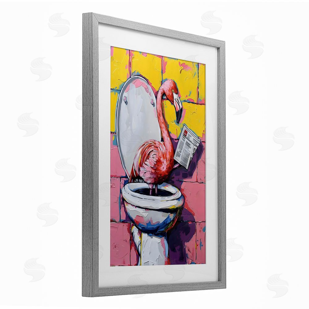 LSR Design Studio Flamingo News on Toilet Gray Framed Print Under Glass with White Mat Wall Art