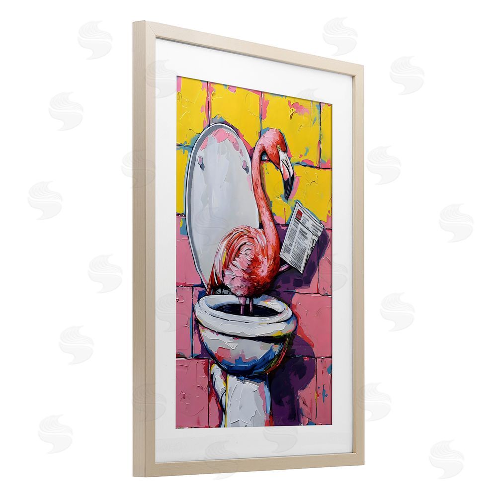 LSR Design Studio Flamingo News on Toilet Birch Framed Print Under Glass with White Mat Wall Art
