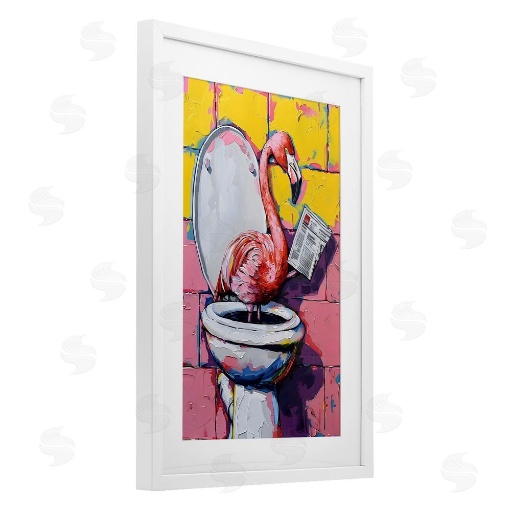 LSR Design Studio Flamingo News on Toilet White Framed Print Under Glass with Mat Wall Art