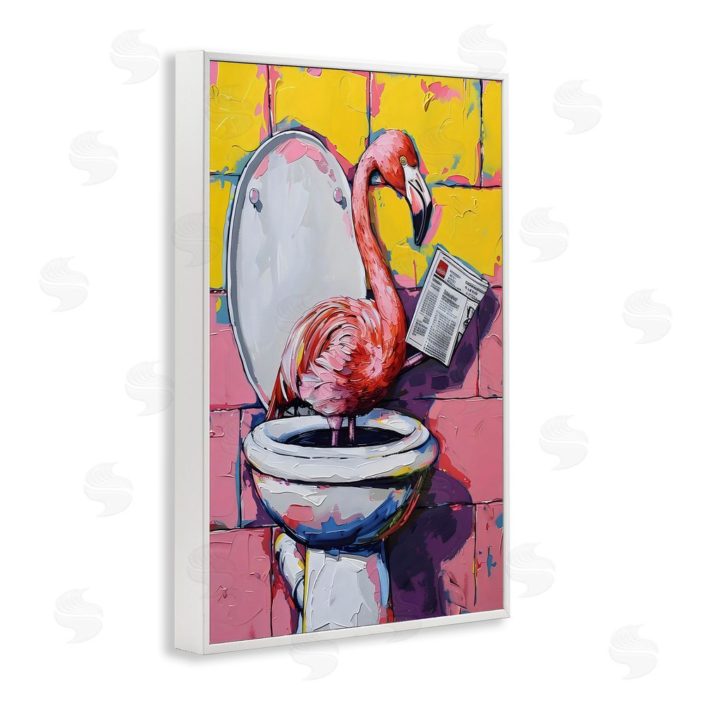 LSR Design Studio Flamingo News on Toilet White Framed Giclee Wall Art Print