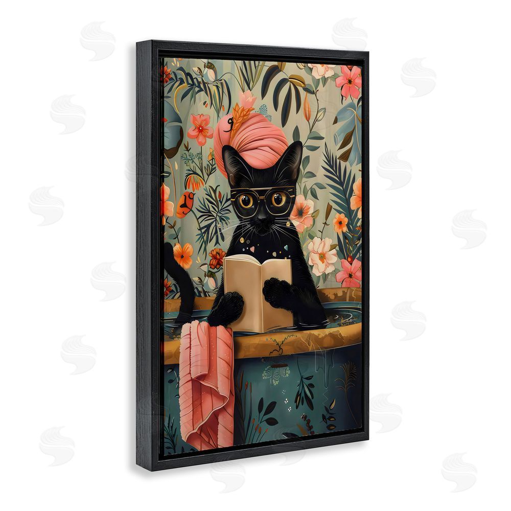 LSR Design Studio Kitty Wash Day Bathtub Black Floating Frame Canvas Wall Art Print