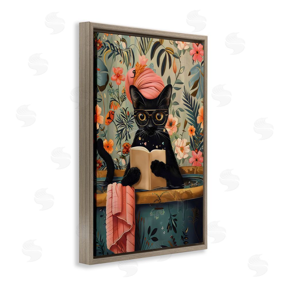 LSR Design Studio Kitty Wash Day Bathtub Brown Floating Frame Canvas Wall Art Print