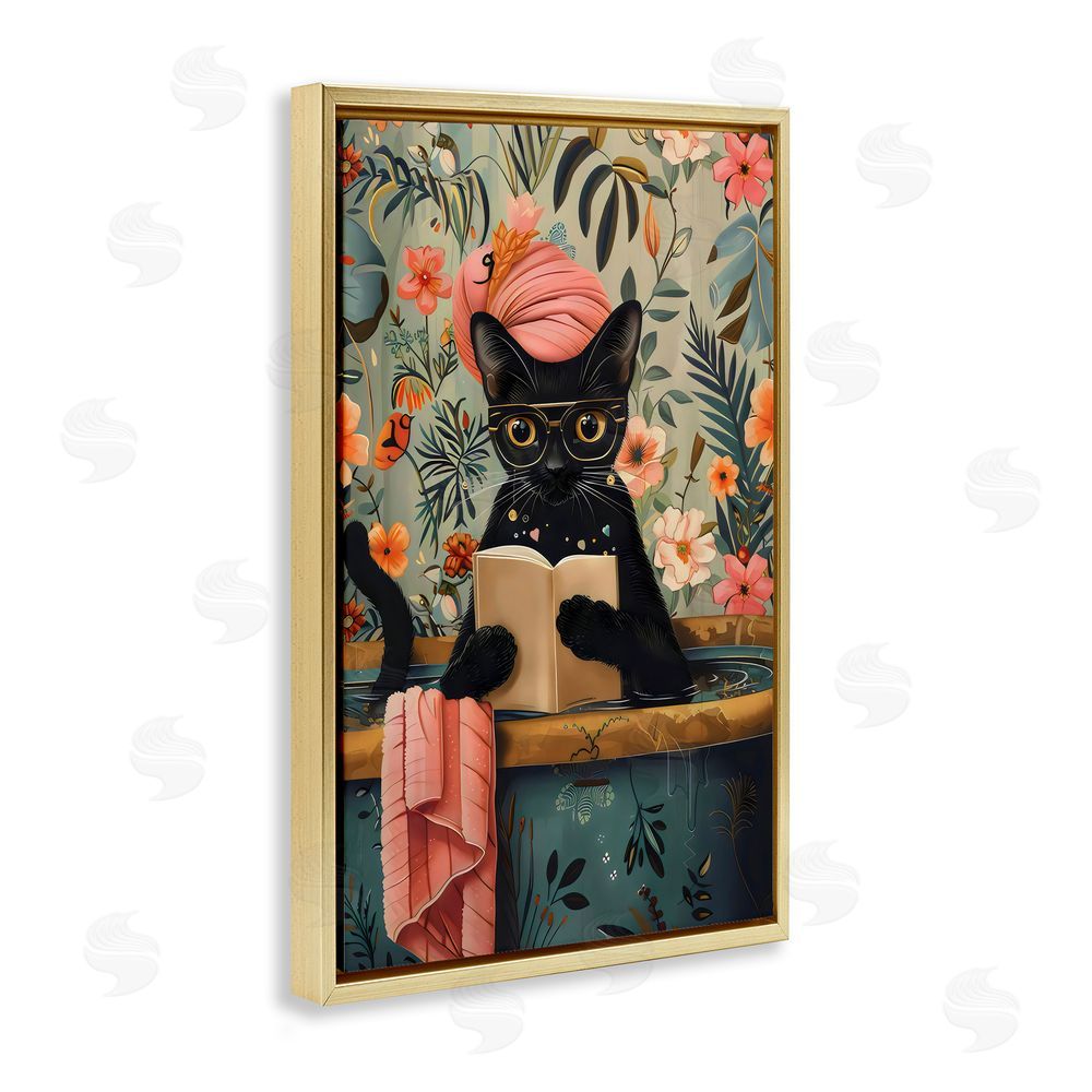 LSR Design Studio Kitty Wash Day Bathtub Gold Floating Frame Canvas Wall Art Print