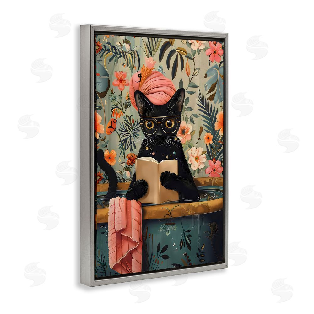 LSR Design Studio Kitty Wash Day Bathtub Gray Floating Frame Canvas Wall Art Print