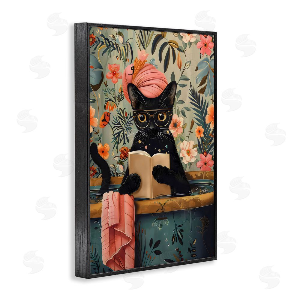 LSR Design Studio Kitty Wash Day Bathtub Black Framed Giclee Wall Art Print