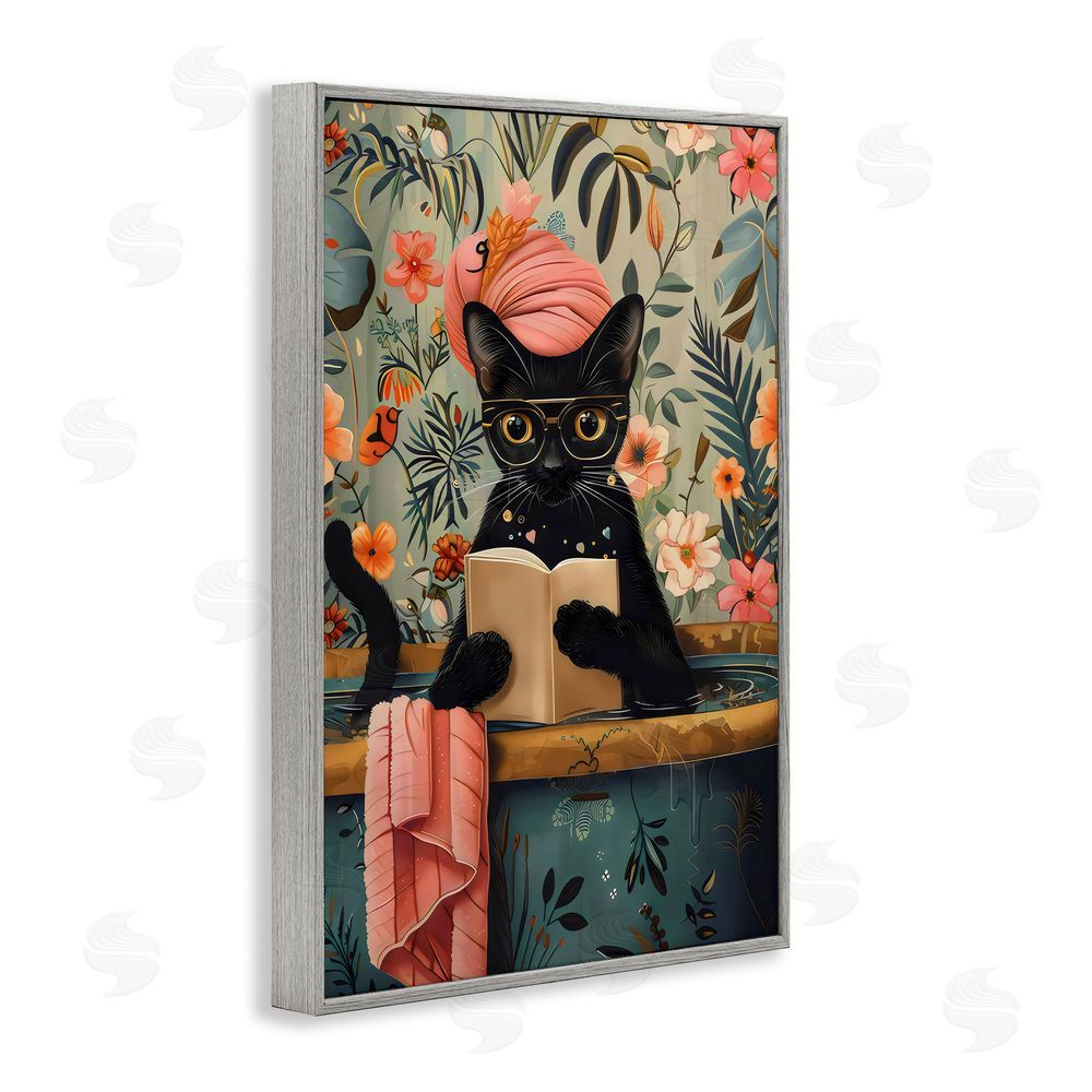 LSR Design Studio Kitty Wash Day Bathtub Gray Framed Giclee Wall Art Print