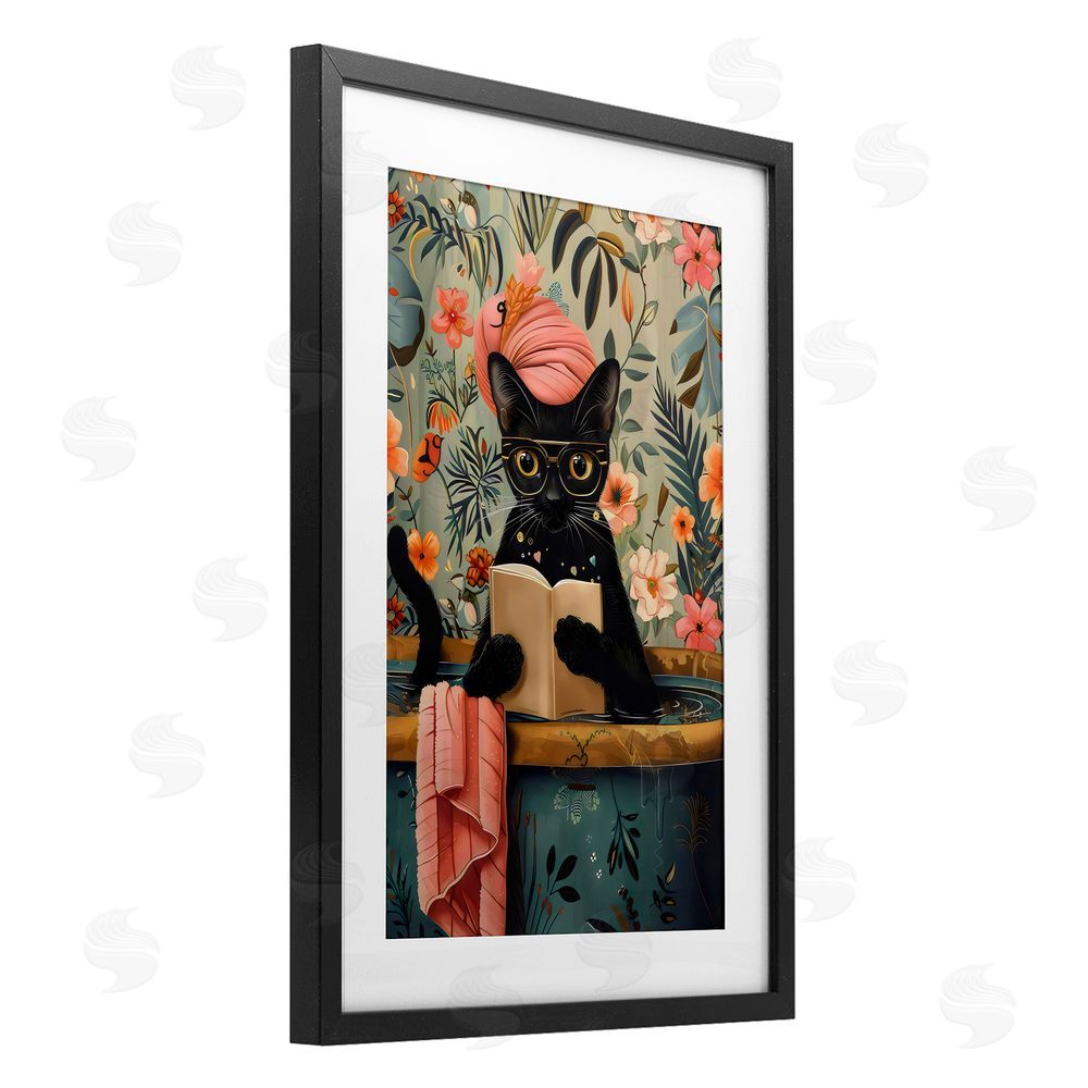 LSR Design Studio Kitty Wash Day Bathtub Black Framed Print Under Glass with White Mat Wall Art