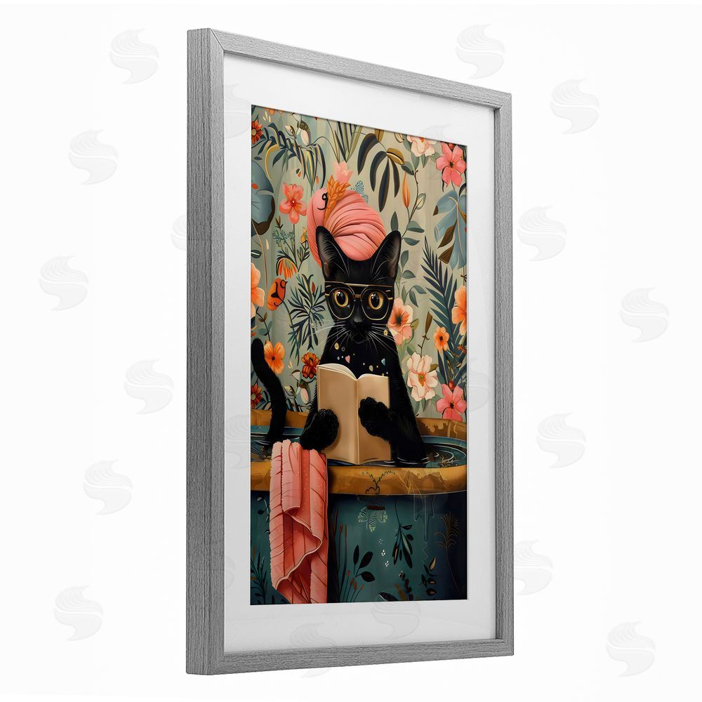 LSR Design Studio Kitty Wash Day Bathtub Gray Framed Print Under Glass with White Mat Wall Art