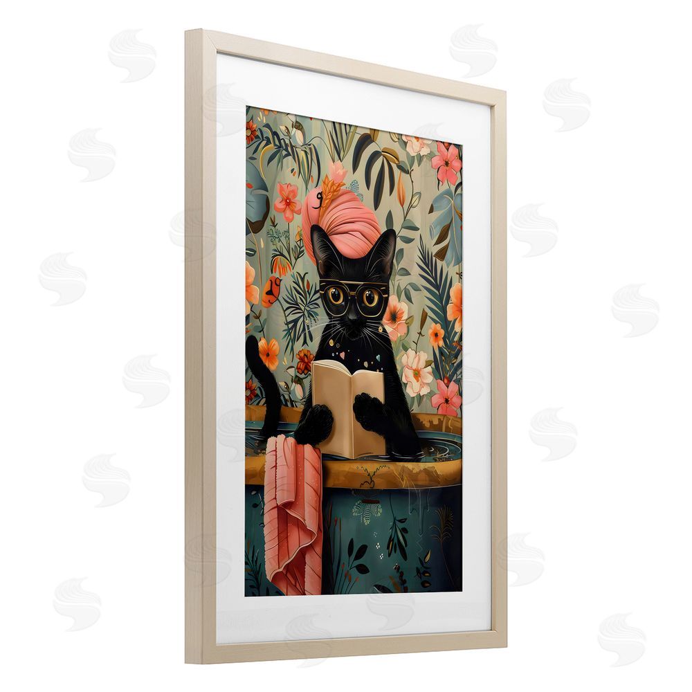 LSR Design Studio Kitty Wash Day Bathtub Birch Framed Print Under Glass with White Mat Wall Art