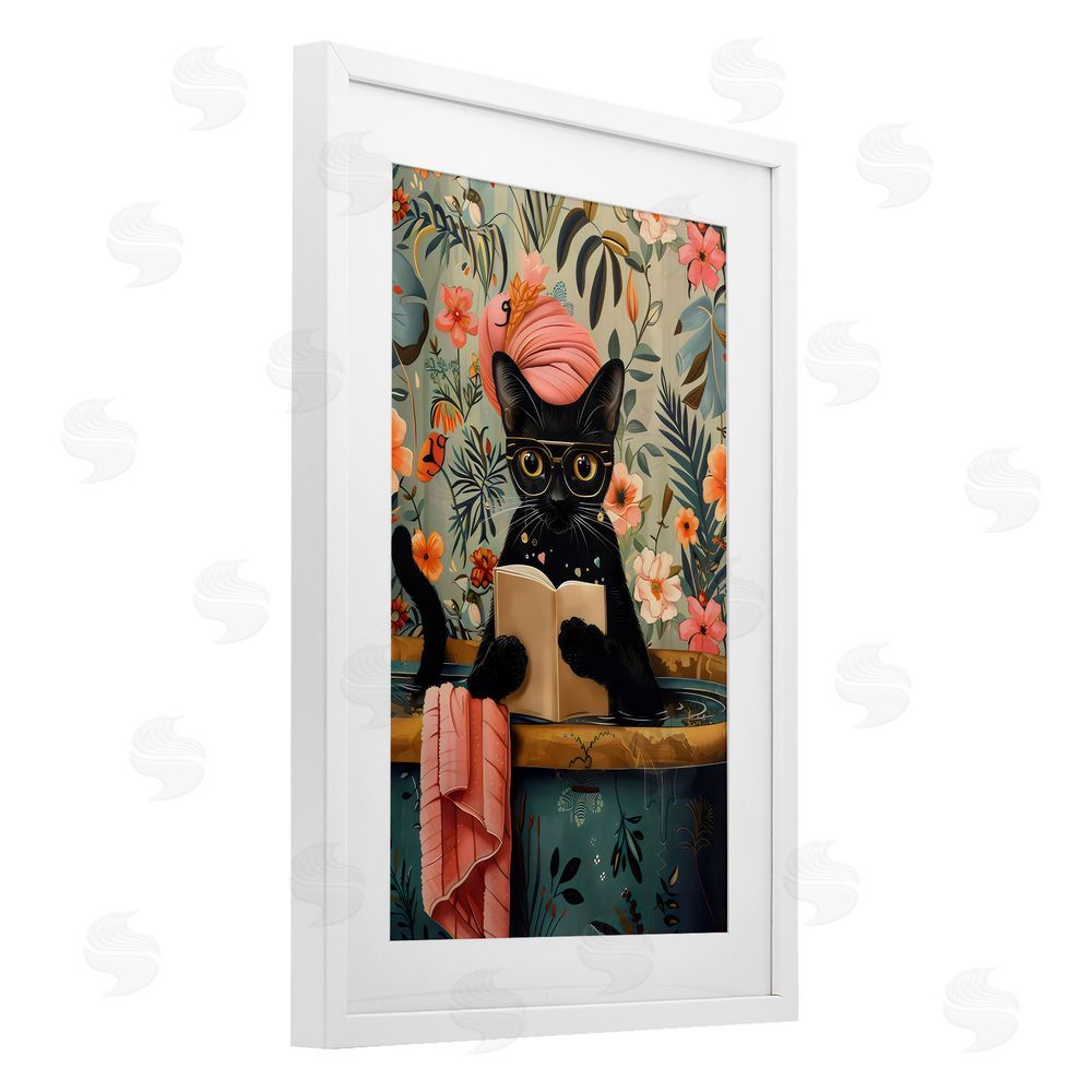 LSR Design Studio Kitty Wash Day Bathtub White Framed Print Under Glass with Mat Wall Art