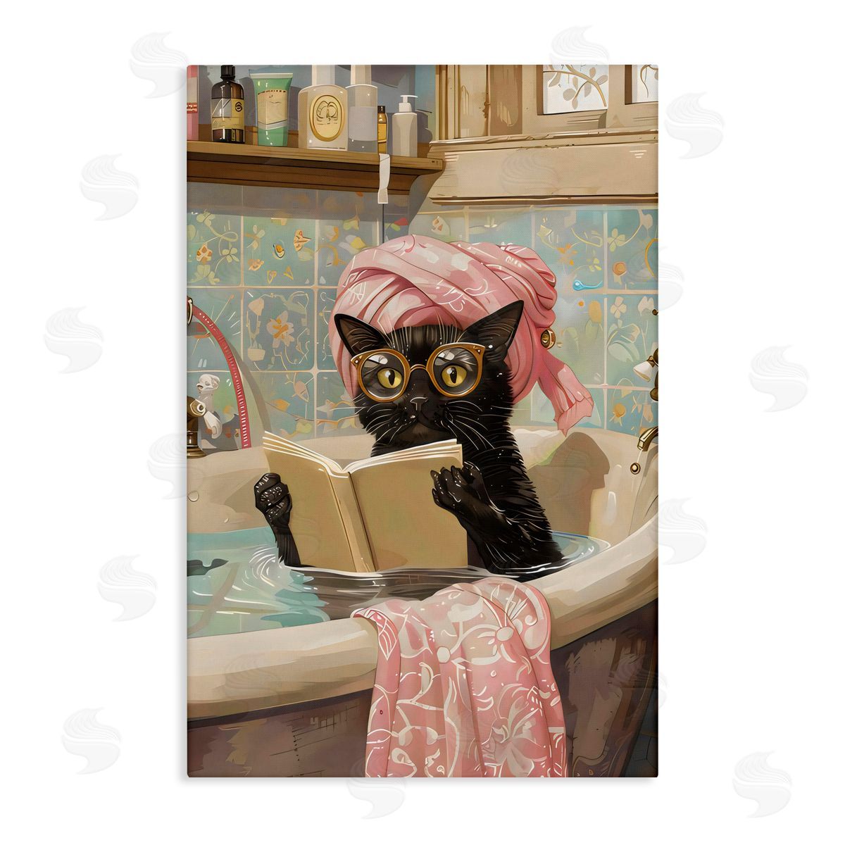 LSR Design Studio Kitty Care Bathtub Reading Canvas Wall Art Print