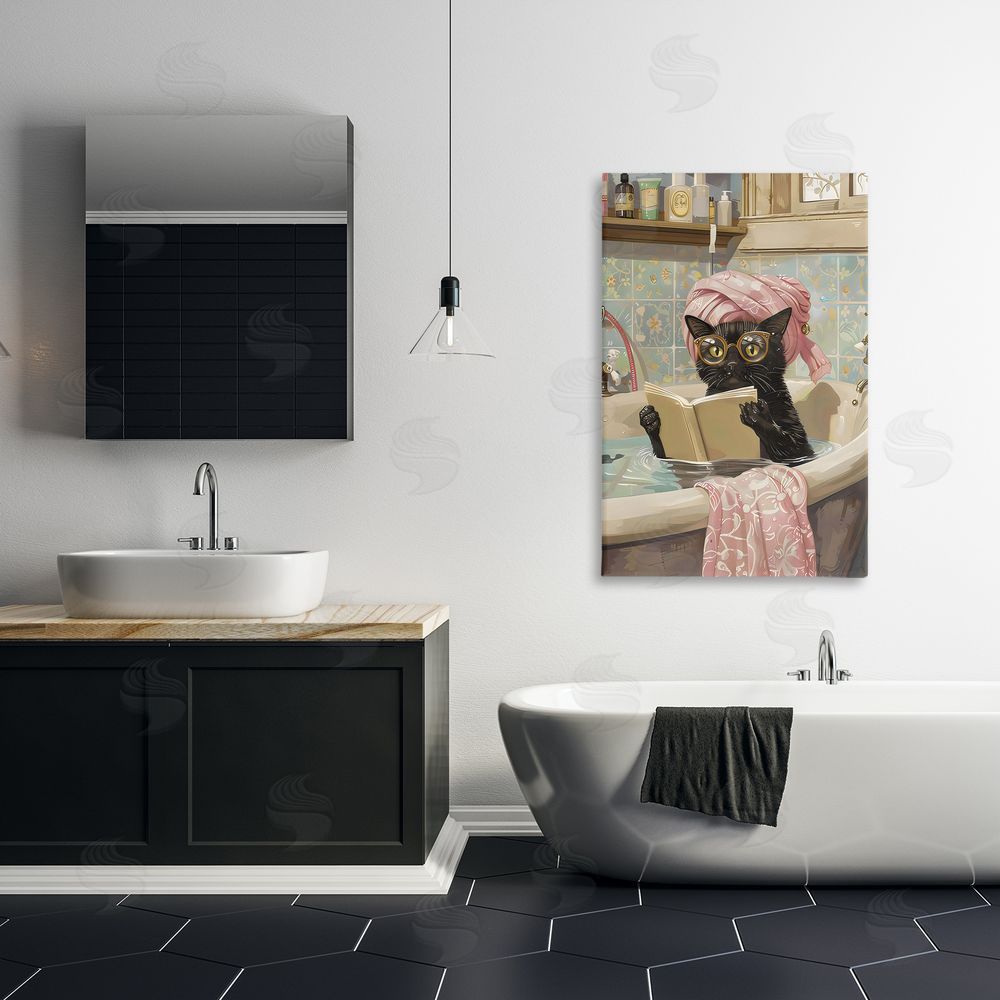 LSR Design Studio Kitty Care Bathtub Reading Canvas Art on Wall