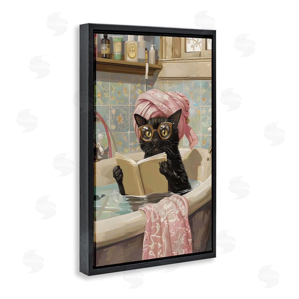 LSR Design Studio Kitty Care Bathtub Reading Black Floating Frame Canvas Wall Art Print