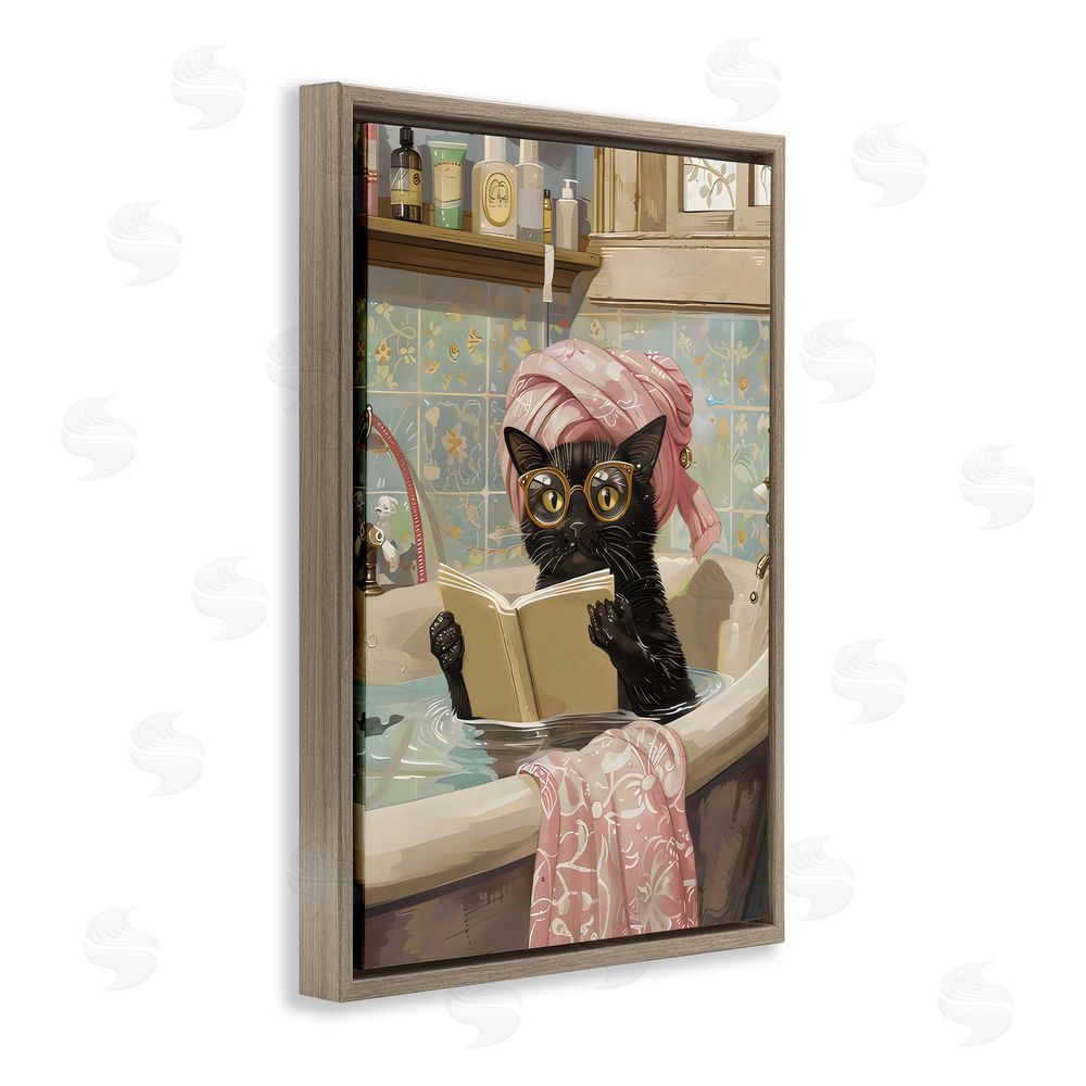 LSR Design Studio Kitty Care Bathtub Reading Brown Floating Frame Canvas Wall Art Print