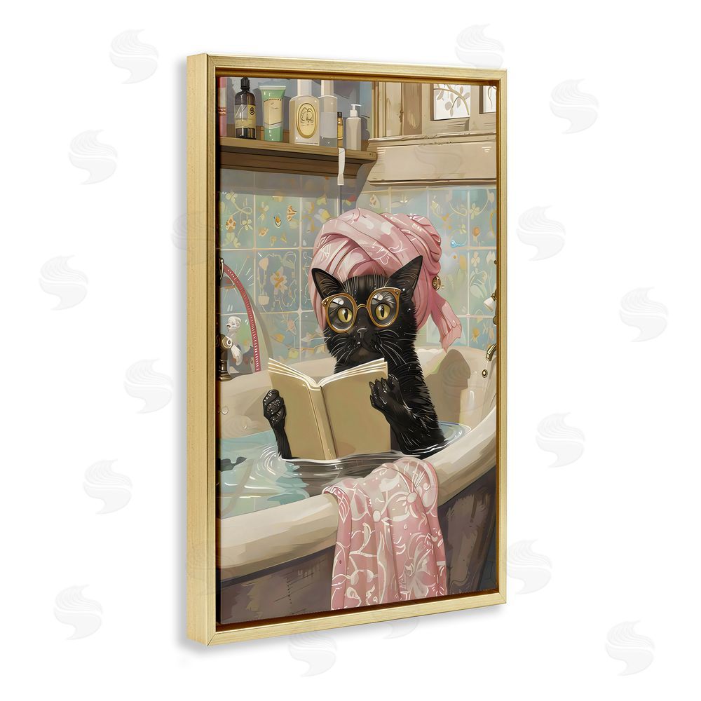 LSR Design Studio Kitty Care Bathtub Reading Gold Floating Frame Canvas Wall Art Print