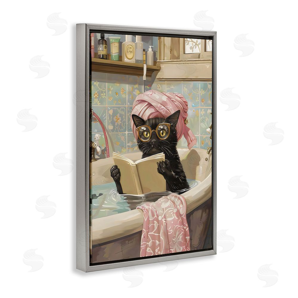 LSR Design Studio Kitty Care Bathtub Reading Gray Floating Frame Canvas Wall Art Print