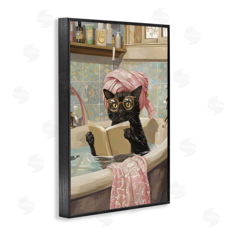 LSR Design Studio Kitty Care Bathtub Reading Black Framed Giclee Wall Art Print