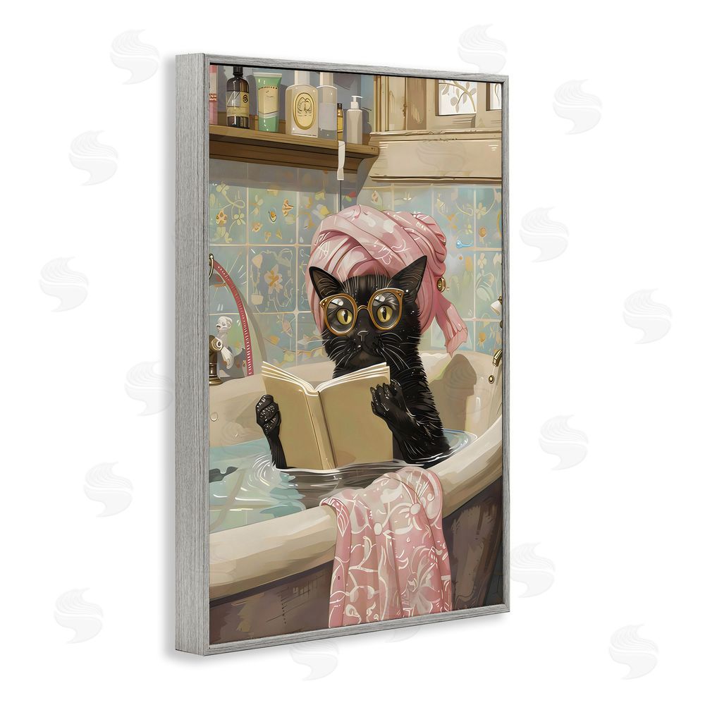 LSR Design Studio Kitty Care Bathtub Reading Gray Framed Giclee Wall Art Print