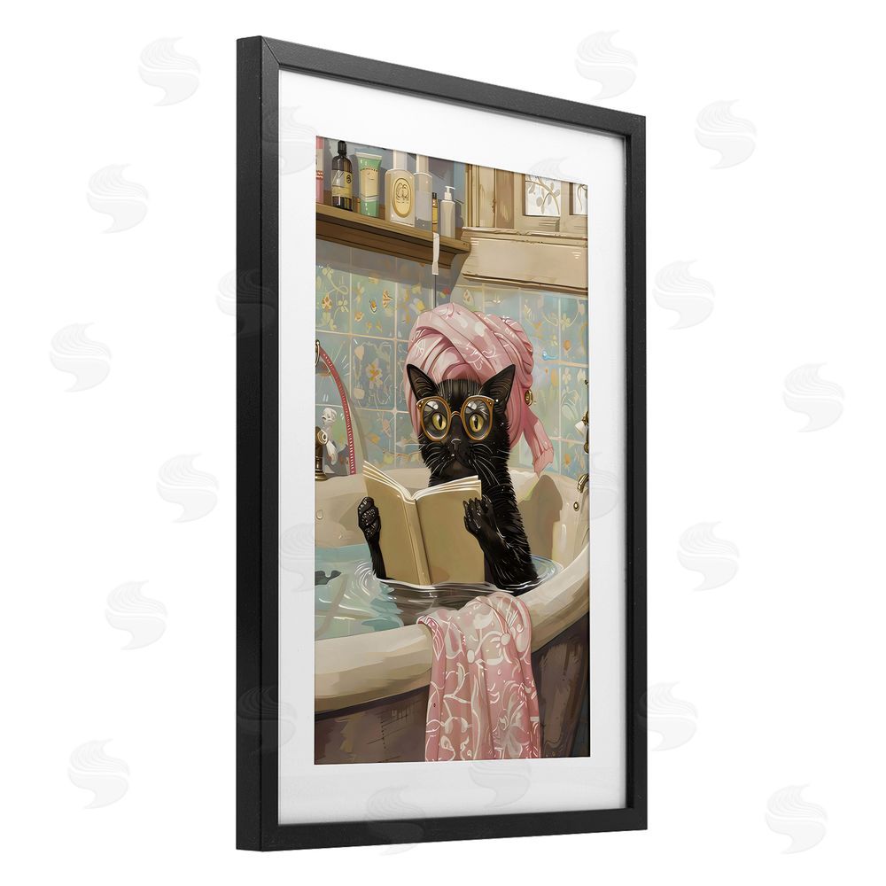 LSR Design Studio Kitty Care Bathtub Reading Black Framed Print Under Glass with White Mat Wall Art