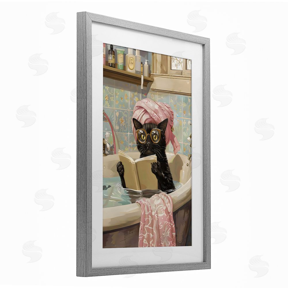 LSR Design Studio Kitty Care Bathtub Reading Gray Framed Print Under Glass with White Mat Wall Art