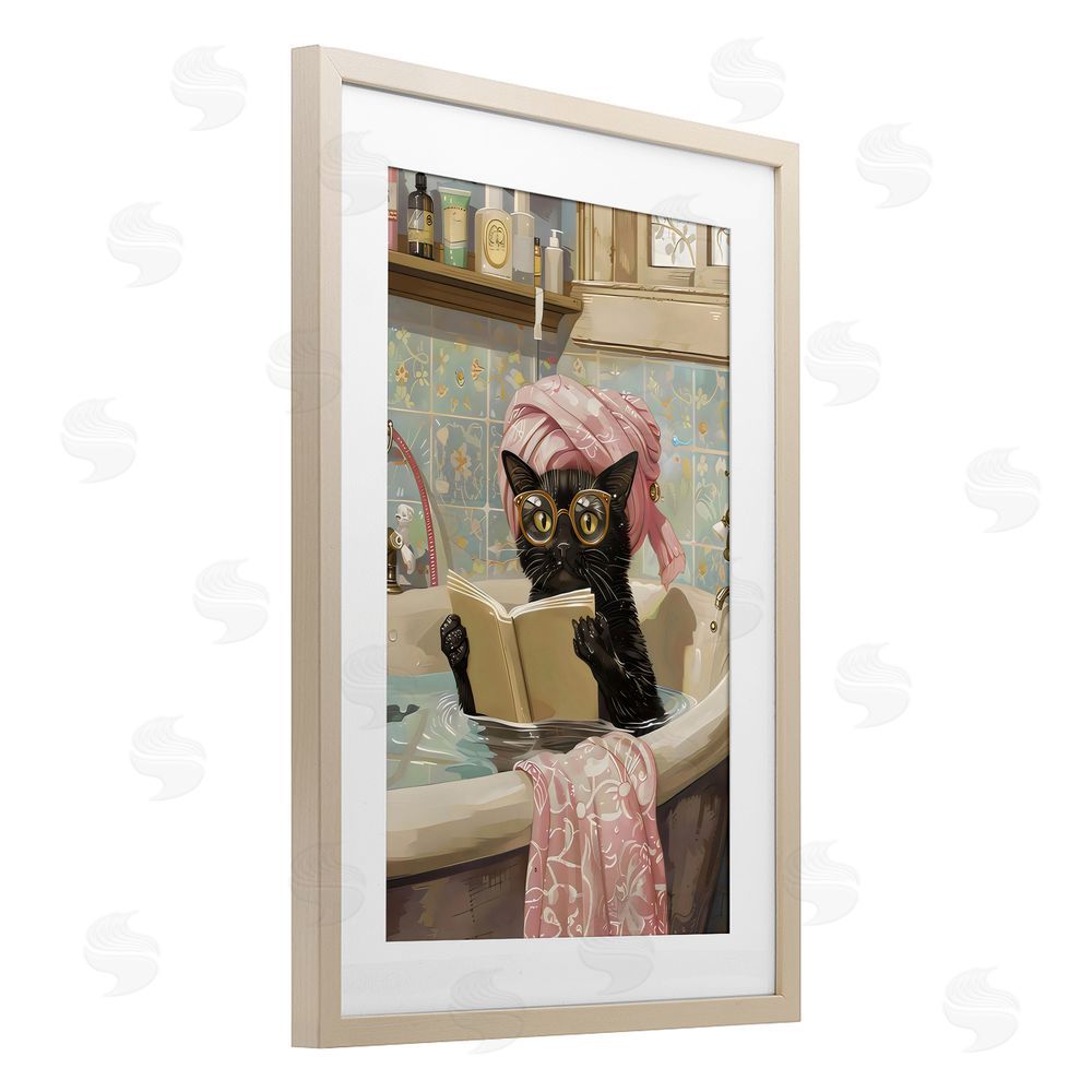 LSR Design Studio Kitty Care Bathtub Reading Birch Framed Print Under Glass with White Mat Wall Art