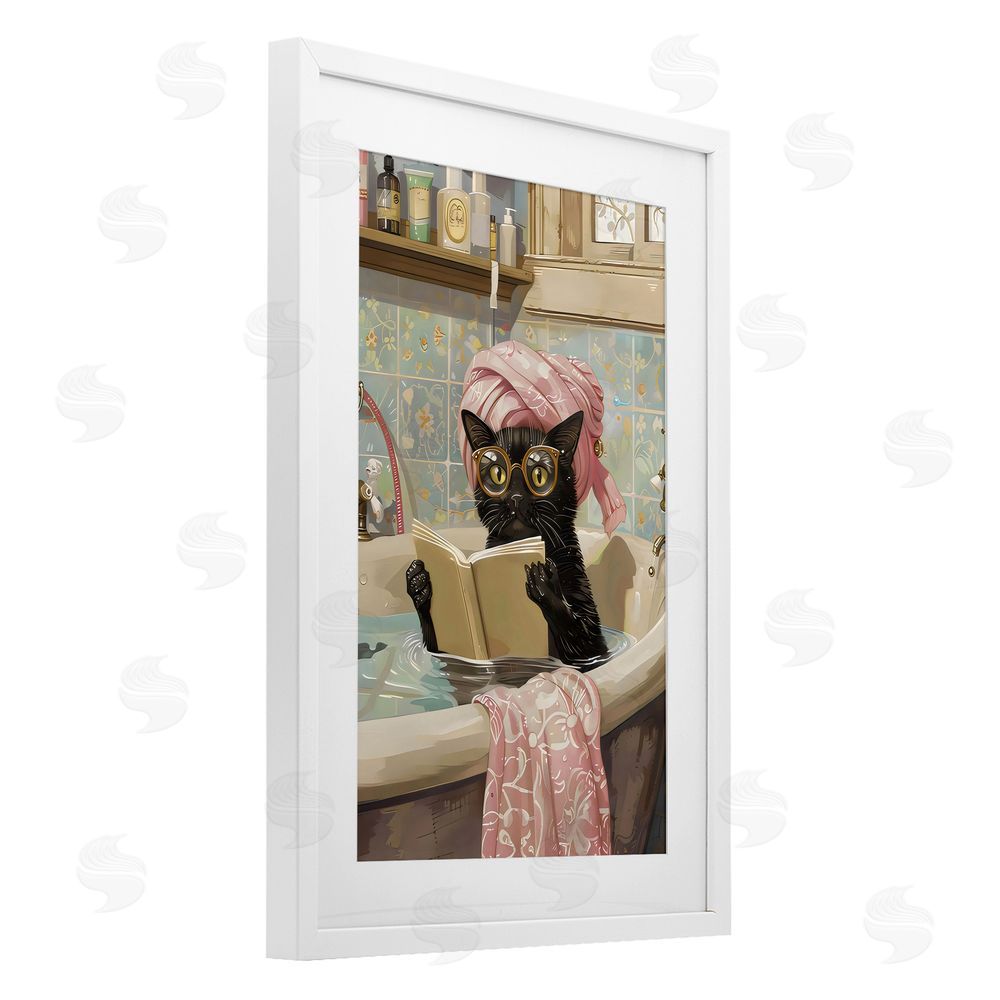 LSR Design Studio Kitty Care Bathtub Reading White Framed Print Under Glass with Mat Wall Art