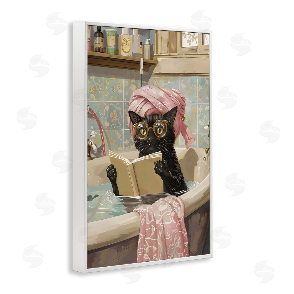 LSR Design Studio Kitty Care Bathtub Reading White Framed Giclee Wall Art Print